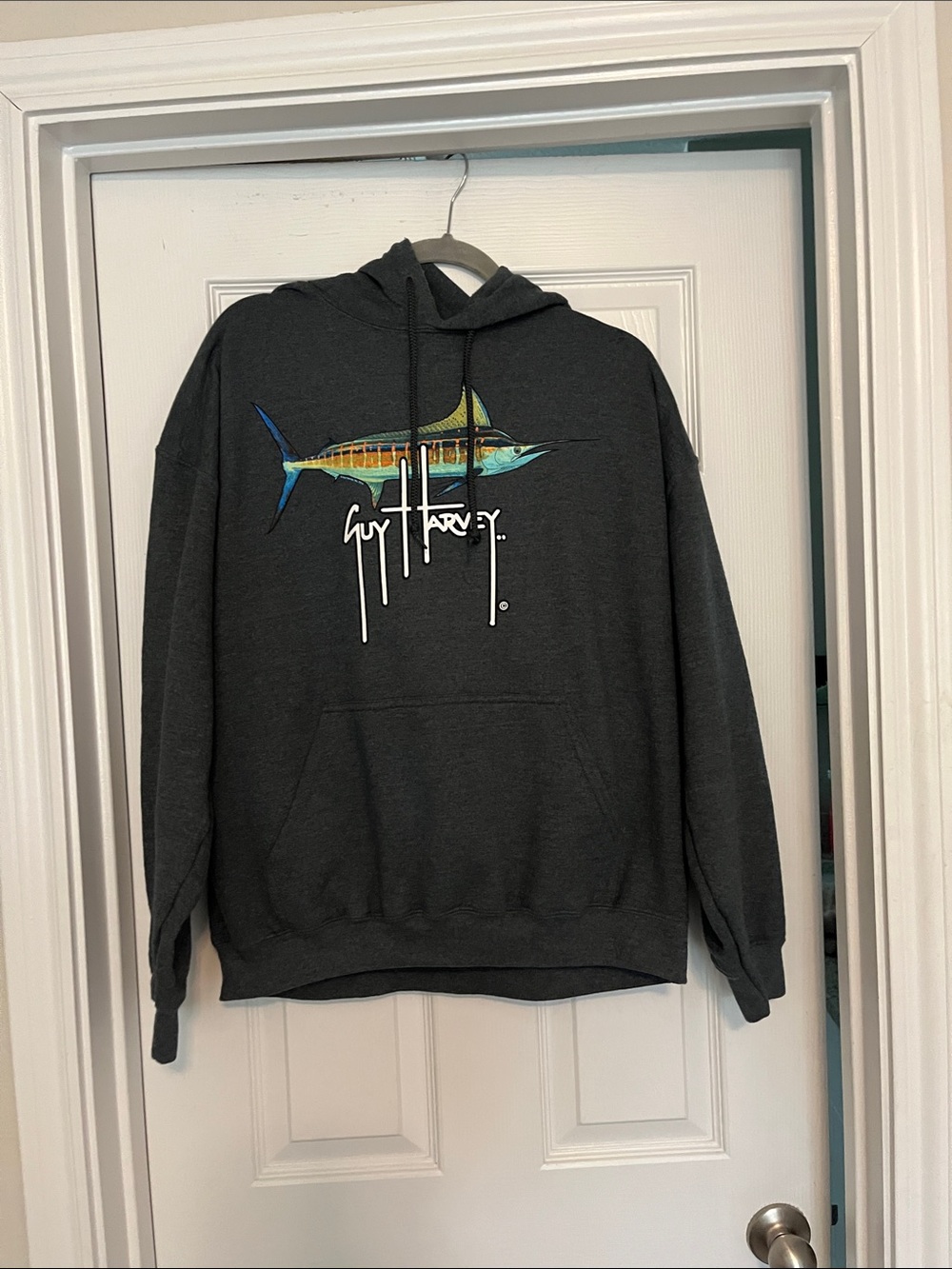 Guy Harvey Charcoal Hoodie with Blue-Green Marlin Graphic